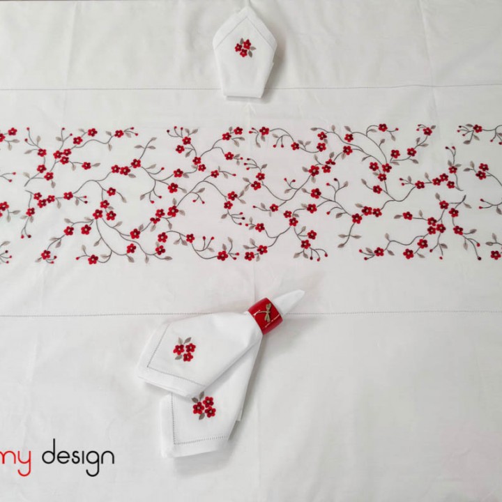  Rectangle red string peach blossom embroidered table cloth (300x180cm) - include 12 napkins